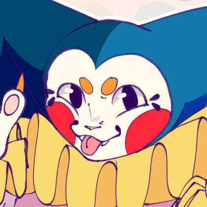 an icon of a smiling jester cat. they've got their tongue out, with orange eyebrows and big red painted cheeks. the jester hat is split, with the right half being a slightly darker shade of blue than the left half. their yellow neck ruffle takes up the bot